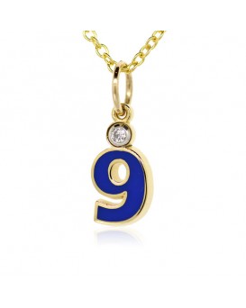 Number "9" French Enamel Charm, 18K Yellow Gold with High Quality Diamond