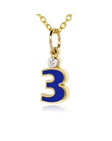Number "3" French Enamel Charm, 18K Yellow Gold with High Quality Diamond