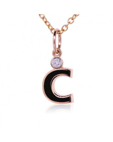 Letter "C" French Enamel Charm, 18K Rose Gold with High Quality Diamond