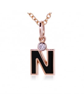 Letter "N" French Enamel Charm, 18K Rose Gold with High Quality Diamond