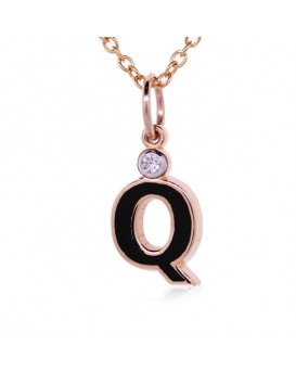Letter "Q" French Enamel Charm, 18K Rose Gold with High Quality Diamond