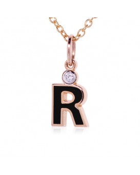 Letter "R" French Enamel Charm, 18K Rose Gold with High Quality Diamond