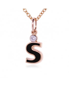 Letter "S" French Enamel Charm, 18K Rose Gold with High Quality Diamond