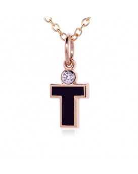 Letter "T" French Enamel Charm, 18K Rose Gold with High Quality Diamond