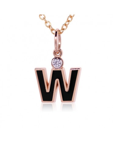 Letter "W" French Enamel Charm, 18K Rose Gold with High Quality Diamond