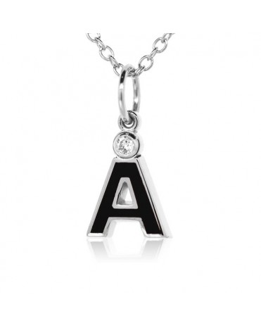 Letter "A" French Enamel Charm, 18K White Gold with High Quality Diamond