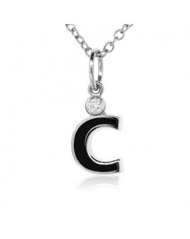 Letter "C" French Enamel Charm, 18K White Gold with High Quality Diamond