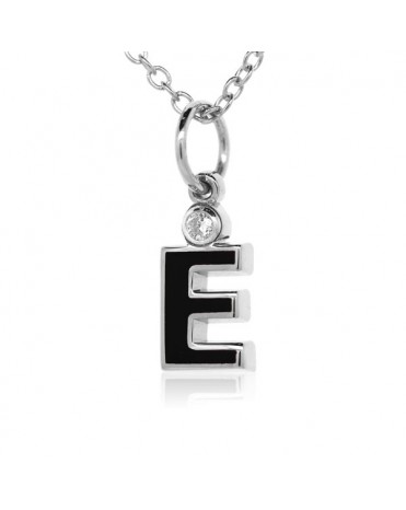 Letter "E" French Enamel Charm, 18K White Gold with High Quality Diamond