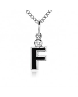 Letter "F" French Enamel Charm, 18K White Gold with High Quality Diamond