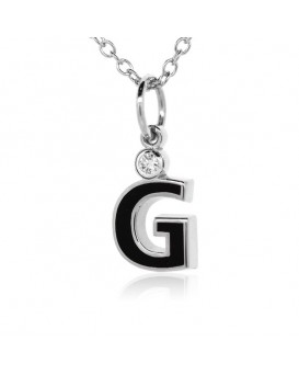Letter "G" French Enamel Charm, 18K White Gold with High Quality Diamond