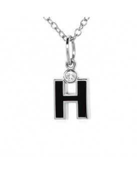 Letter "H" French Enamel Charm, 18K White Gold with High Quality Diamond