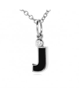 Letter "J" French Enamel Charm, 18K White Gold with High Quality Diamond
