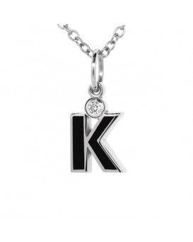 Letter "K" French Enamel Charm, 18K White Gold with High Quality Diamond
