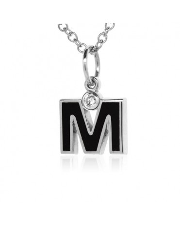 Letter "M" French Enamel Charm, 18K White Gold with High Quality Diamond