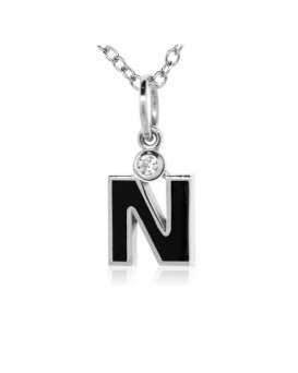 Letter "N" French Enamel Charm, 18K White Gold with High Quality Diamond