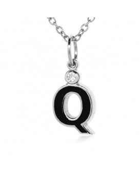Letter "Q" French Enamel Charm, 18K White Gold with High Quality Diamond