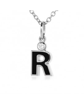 Letter "R" French Enamel Charm, 18K White Gold with High Quality Diamond