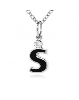 Letter "S" French Enamel Charm, 18K White Gold with High Quality Diamond