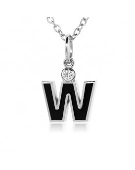 Letter "W" French Enamel Charm, 18K White Gold with High Quality Diamond