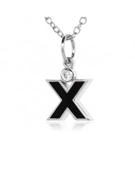 Letter "X" French Enamel Charm, 18K White Gold with High Quality Diamond