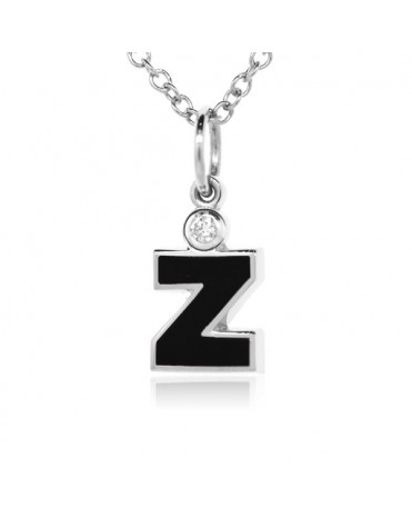 Letter "Z" French Enamel Charm, 18K White Gold with High Quality Diamond