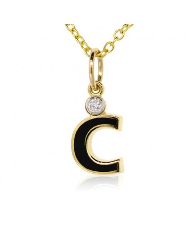 Letter "C" French Enamel Charm, 18K Yellow Gold with High Quality Diamond