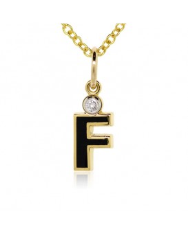 Letter "F" French Enamel Charm, 18K Yellow Gold with High Quality Diamond