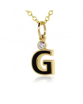 Letter "G" French Enamel Charm, 18K Yellow Gold with High Quality Diamond