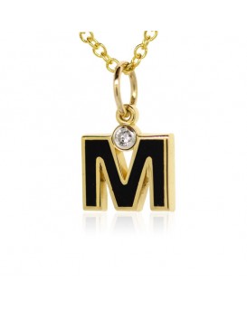 Letter "M" French Enamel Charm, 18K Yellow Gold with High Quality Diamond