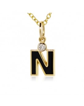 Letter "N" French Enamel Charm, 18K Yellow Gold with High Quality Diamond
