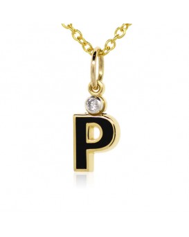 Letter "P" French Enamel Charm, 18K Yellow Gold with High Quality Diamond