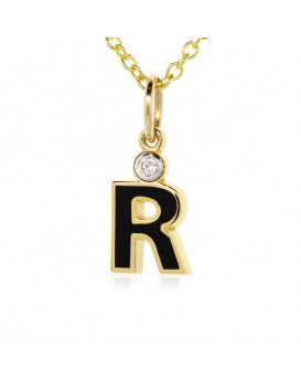 Letter "R" French Enamel Charm, 18K Yellow Gold with High Quality Diamond