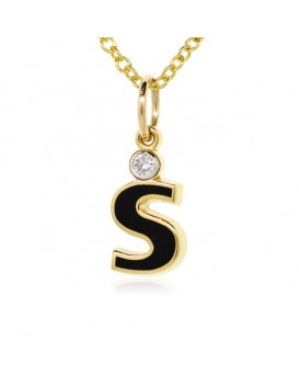 Letter "S" French Enamel Charm, 18K Yellow Gold with High Quality Diamond