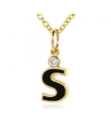 Letter "S" French Enamel Charm, 18K Yellow Gold with High Quality Diamond