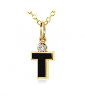 Letter "T" French Enamel Charm, 18K Yellow Gold with High Quality Diamond
