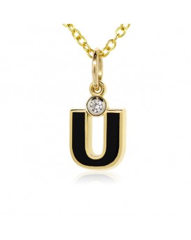 Letter "U" French Enamel Charm, 18K Yellow Gold with High Quality Diamond