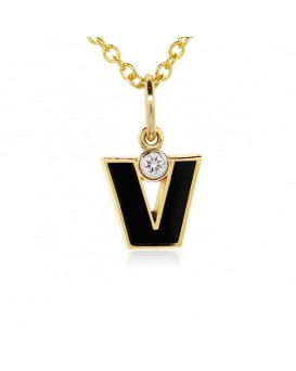 Letter "V" French Enamel Charm, 18K Yellow Gold with High Quality Diamond
