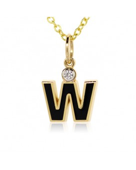 Letter "W" French Enamel Charm, 18K Yellow Gold with High Quality Diamond
