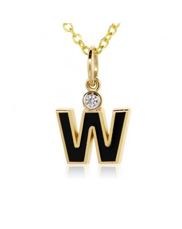 Letter "W" French Enamel Charm, 18K Yellow Gold with High Quality Diamond